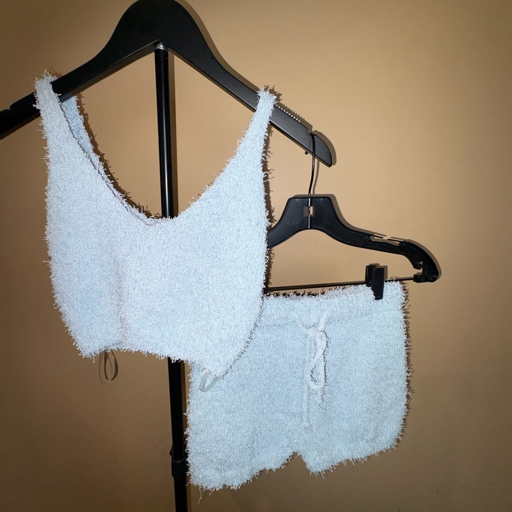 Fashion Nova Plush Tank & Drawstring Shorts Set - Pale Blue